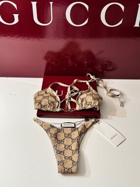 Authentic Gucci Beige Monogram Triangle Bikini with Gold GG hardware.